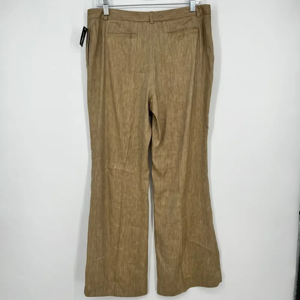 INC International Watermill Linen Silk Trouser Pants Womens 12 Petite Brown Wide - Picture 2 of 12